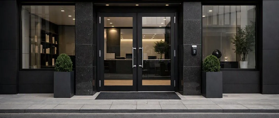 Entrada de um escritório de advocacia, com portas de vidro, vitrines e plantas